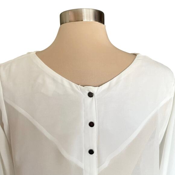 Double Zero Chiffon & Lace Sheer White Blouse Studded Cuffs Sz Large Feminine - Picture 6 of 10
